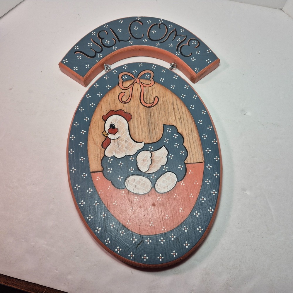 Vintage Welcome Sign Handpainted Wood Chicken Hen Nest Eggs Decor Blue Bows